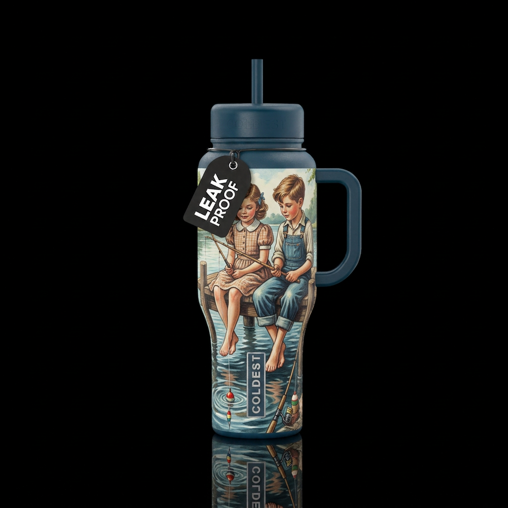 Old fashioned girl and boy sitting on a dock feet ... water bottle design