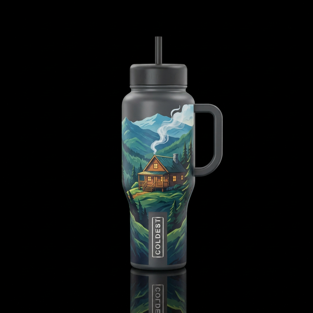Smokey Mountains cabin with smoke coming from chim... water bottle design