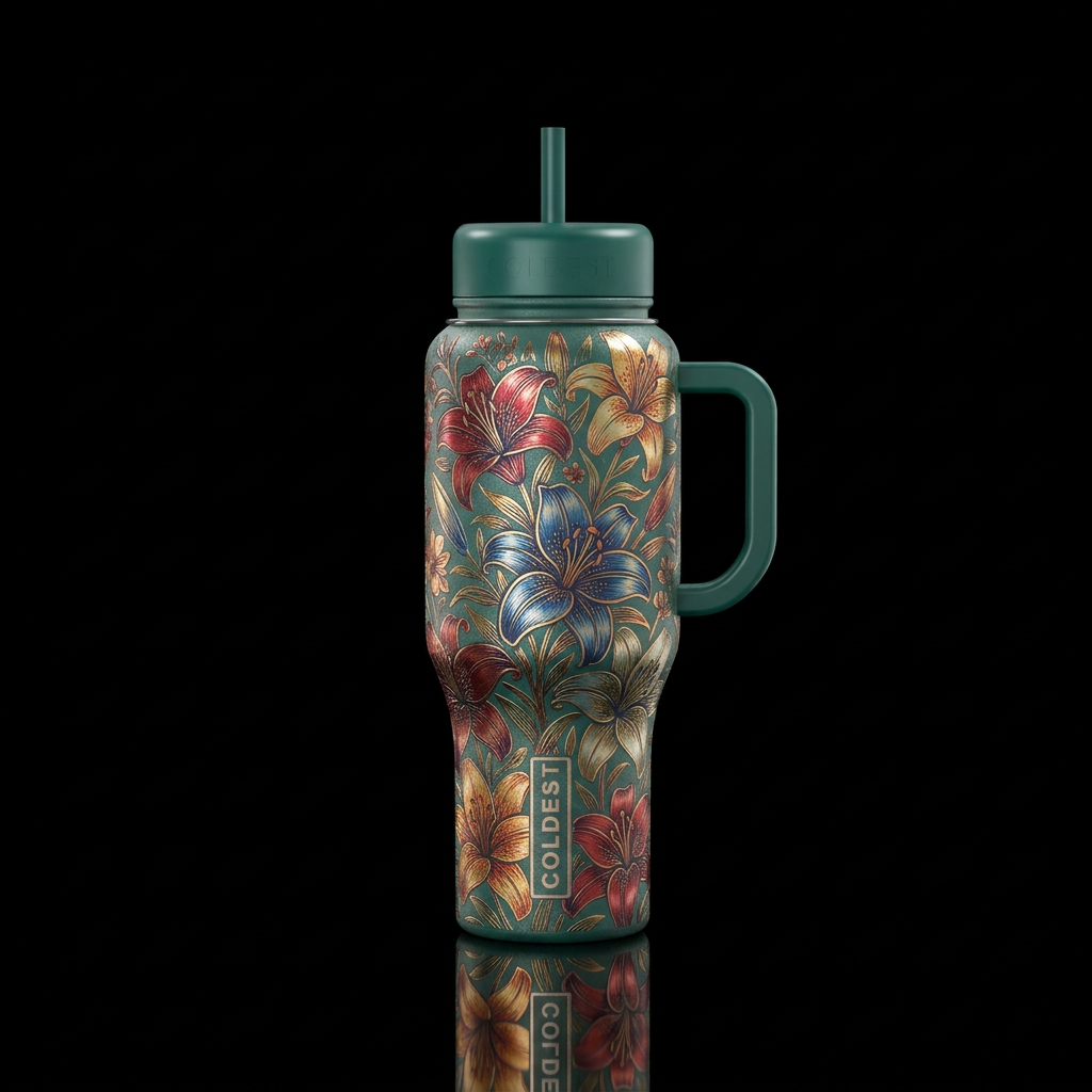Metalic etched variety of lilies water bottle design