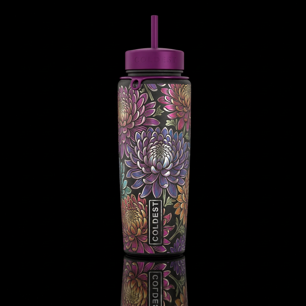 Metalic etched mums water bottle design