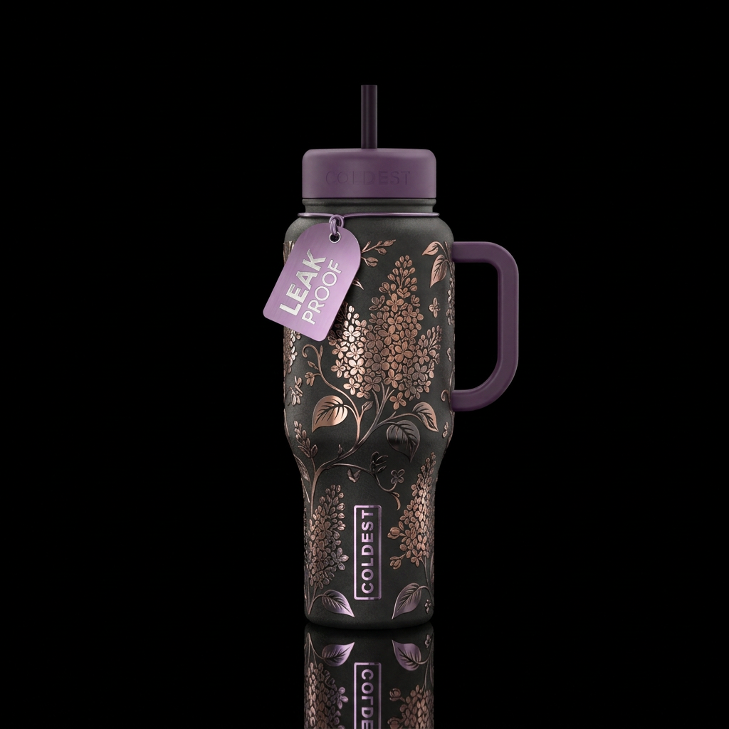 Metalic etched lilacs water bottle design