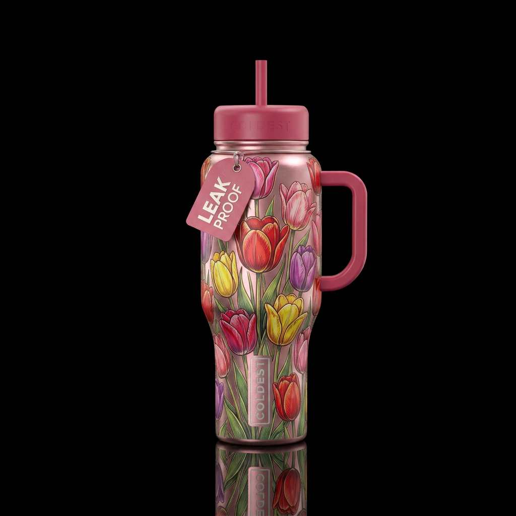 Metalic etched tulips water bottle design