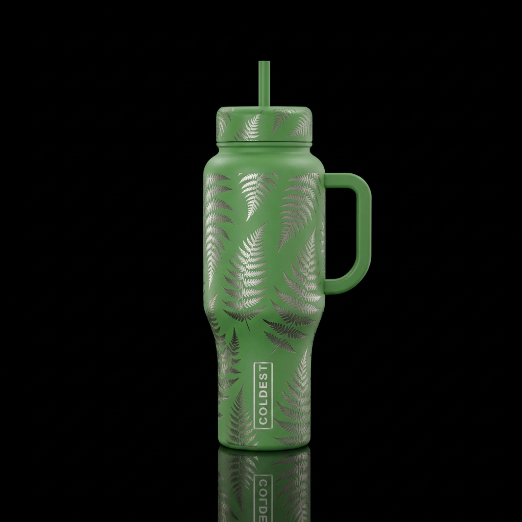 Metalic etched ferns water bottle design