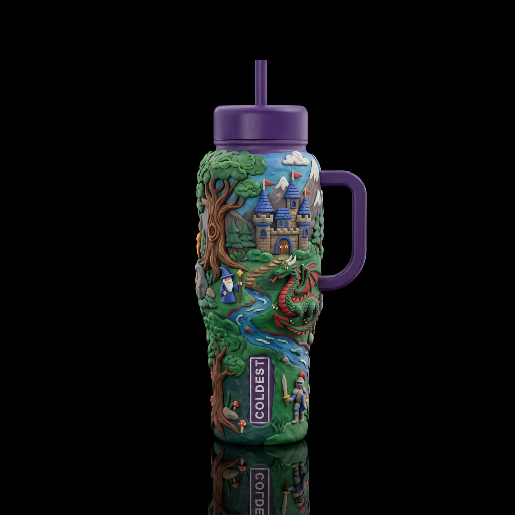 Clay mation style fantasy scene water bottle design