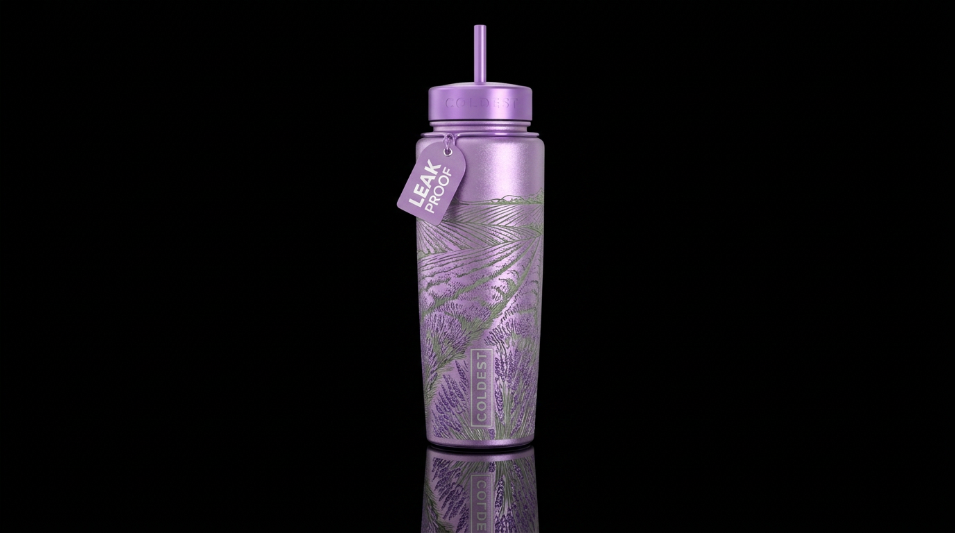 Metalic etched lavender fields water bottle design