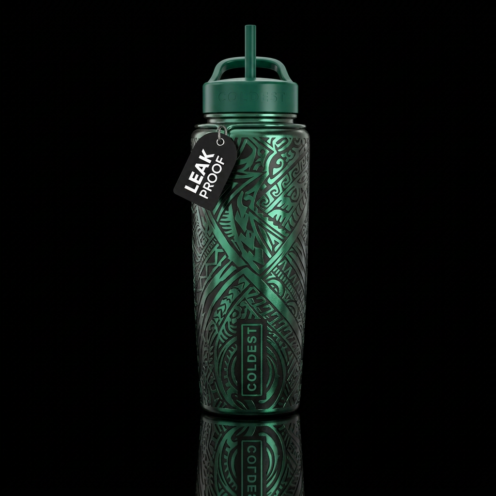 Black emerald green fascia meralic etched water bottle design