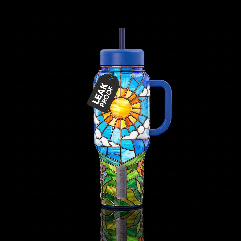 Stained glass beautiful sunny day water bottle design