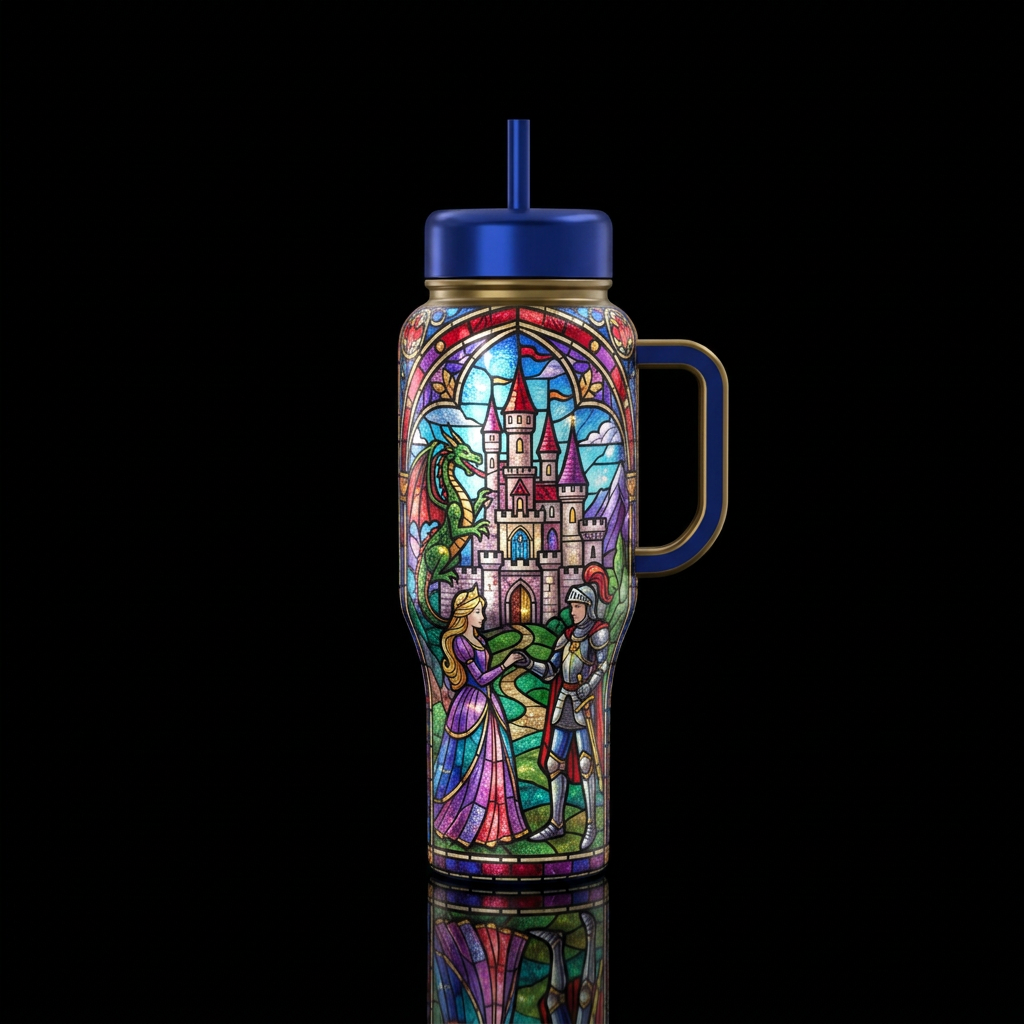 Stained glass fairytale scene water bottle design