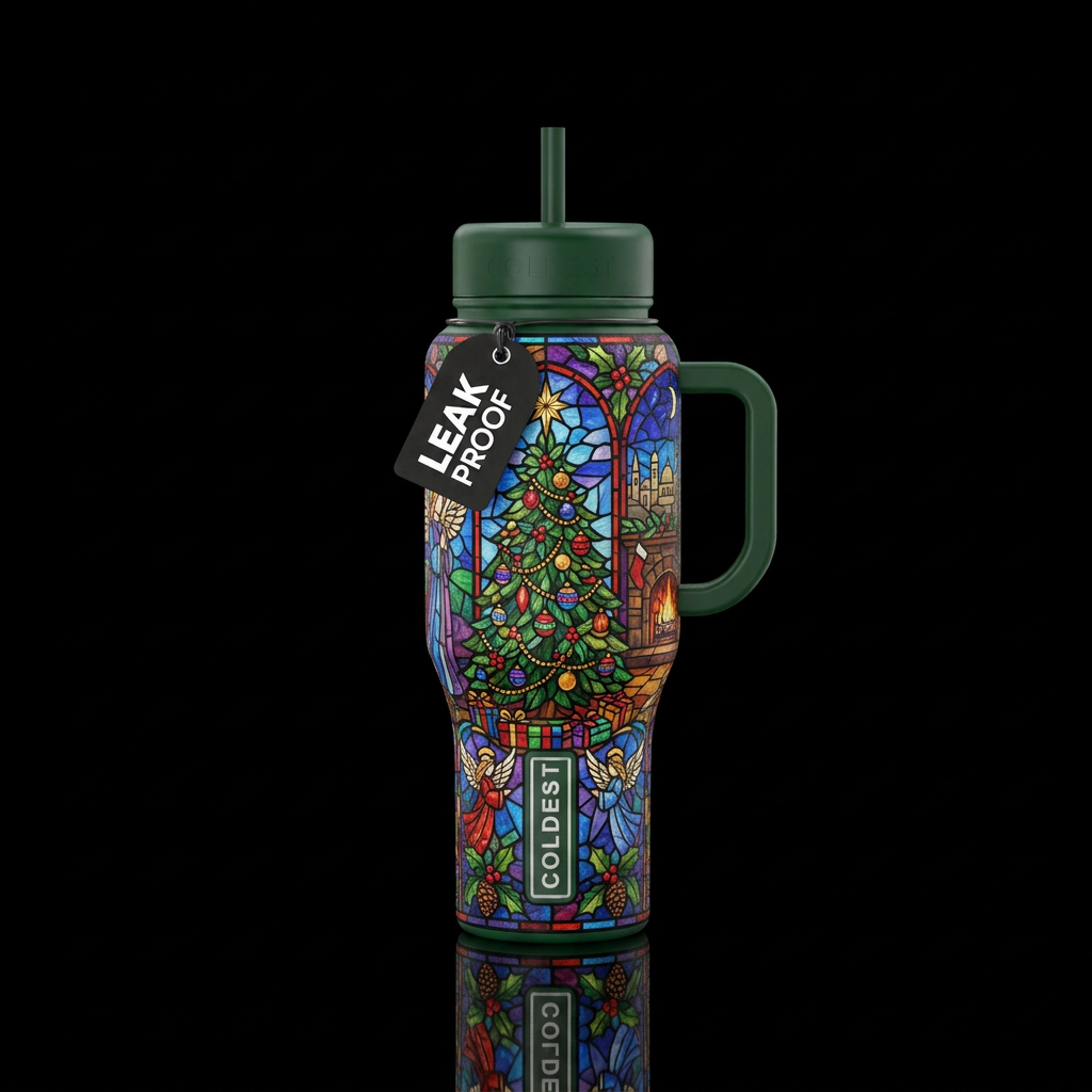 Stained glass Christmas scene water bottle design