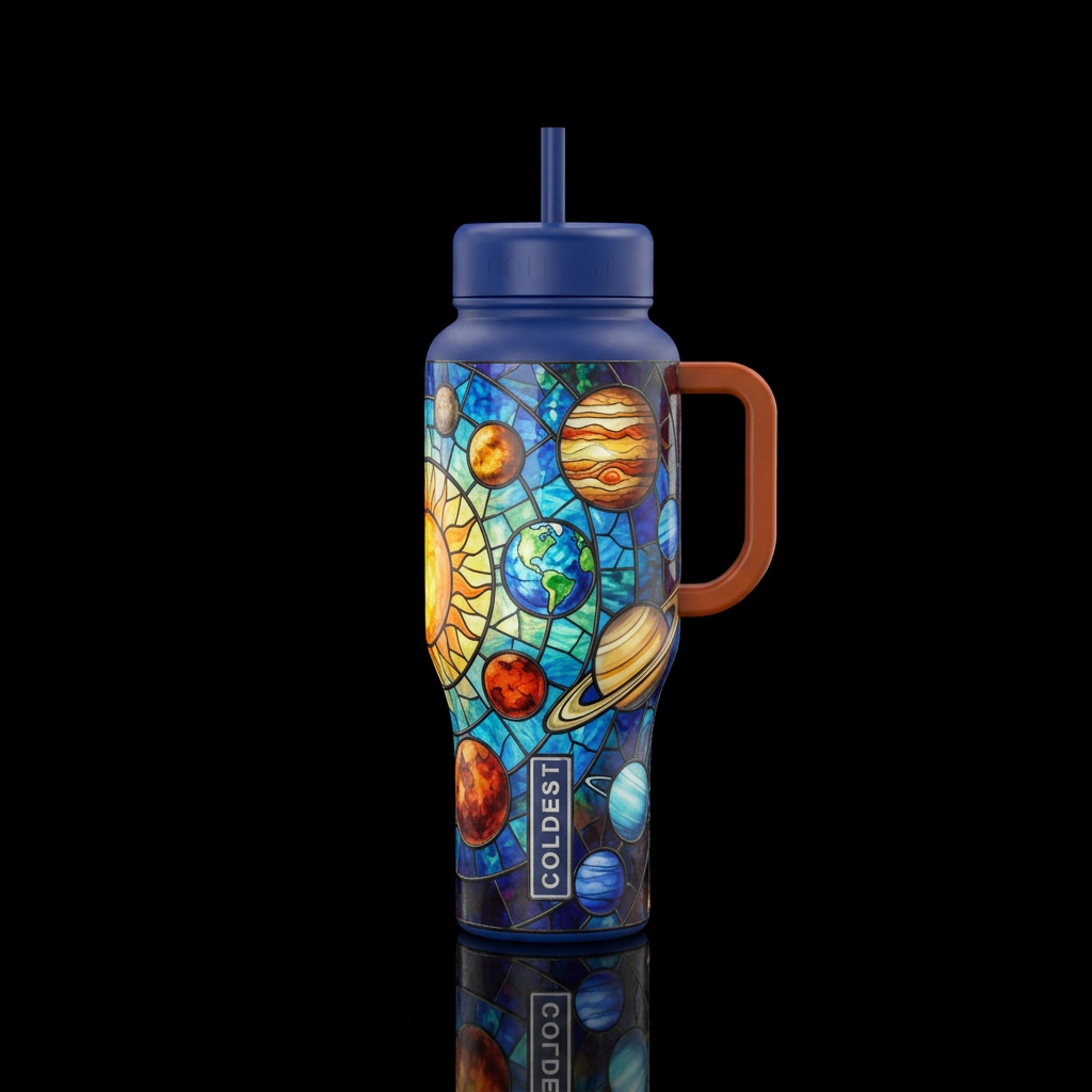 Stained glass solar system water bottle design