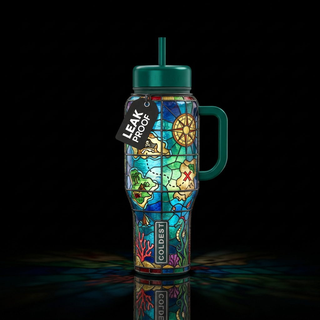 Stained glass treasure map water bottle design