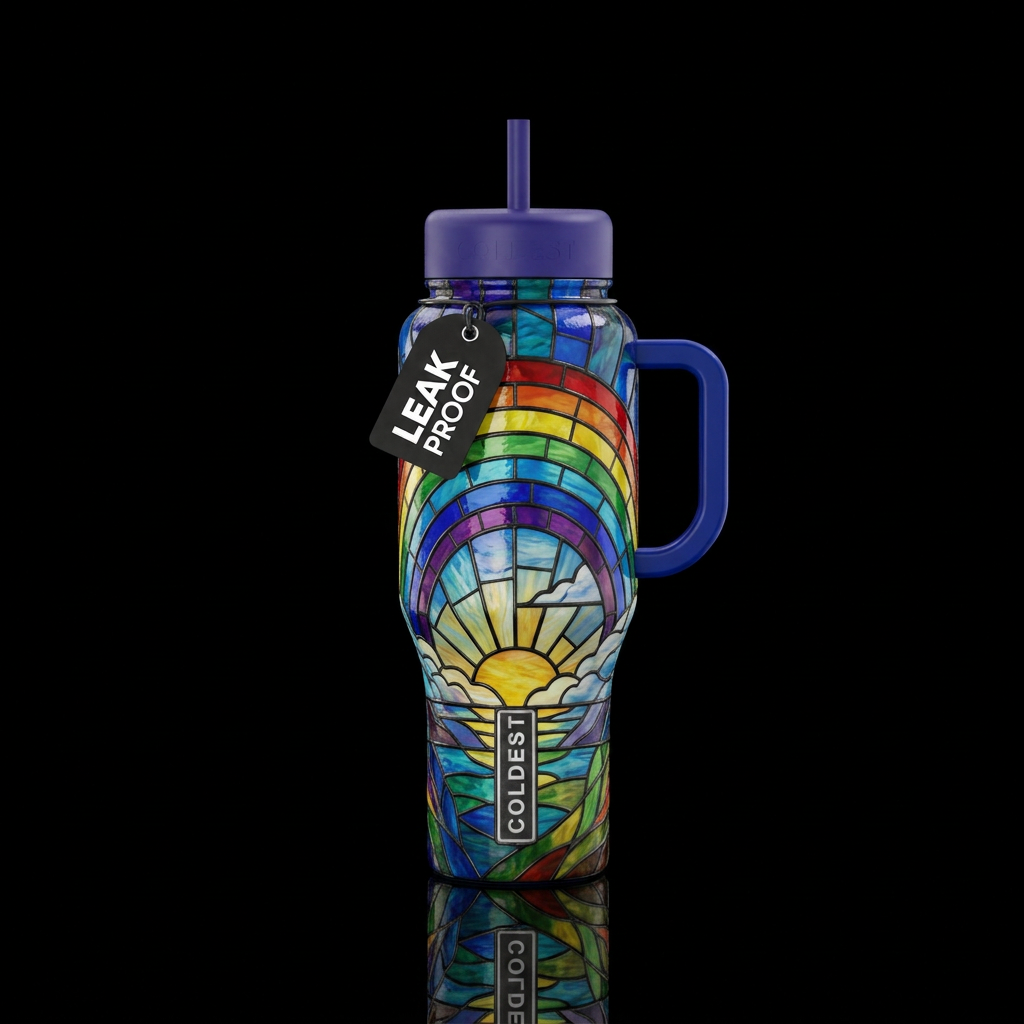 Stained glass scene with rainbow water bottle design