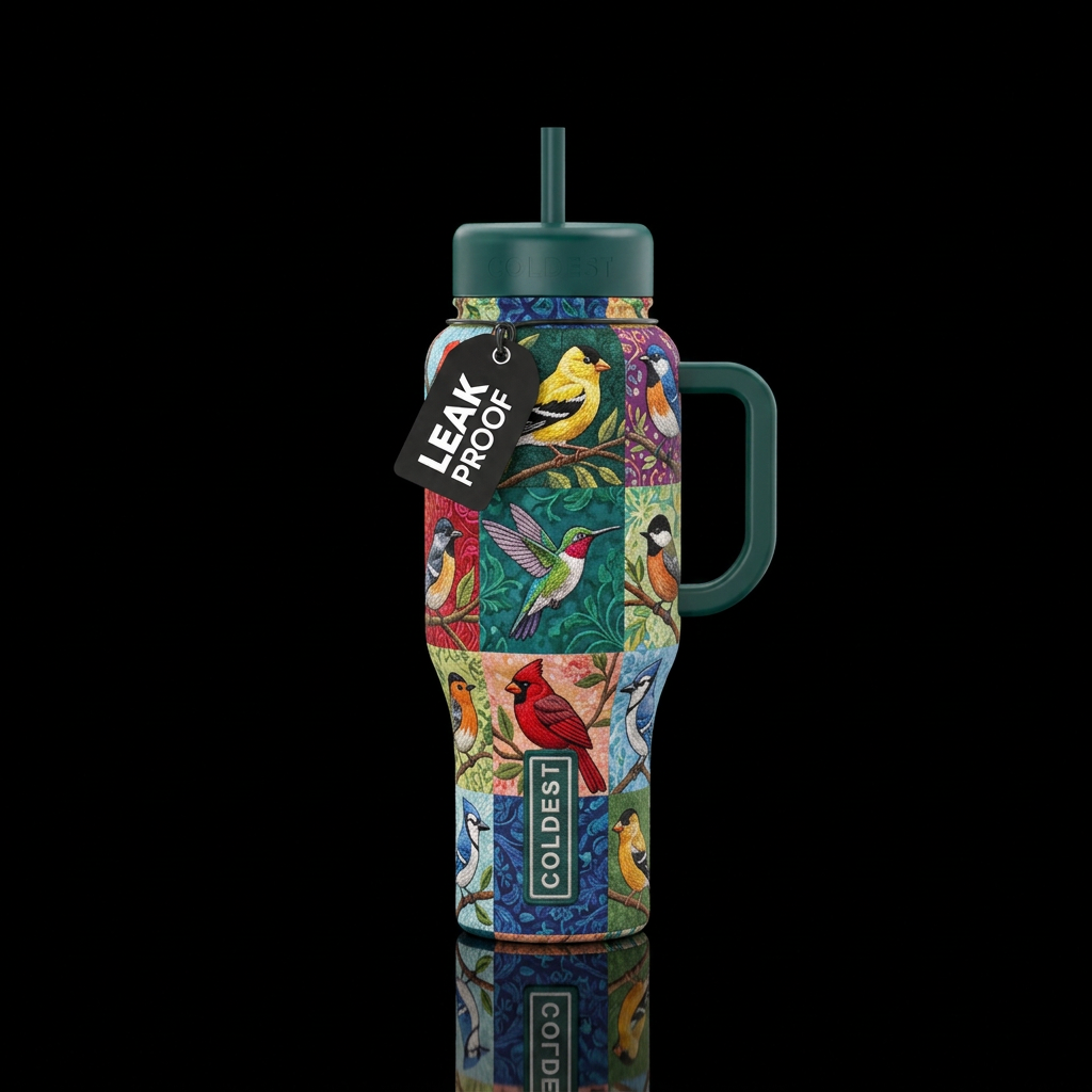 Embroidered birds in a quilt pattern water bottle design