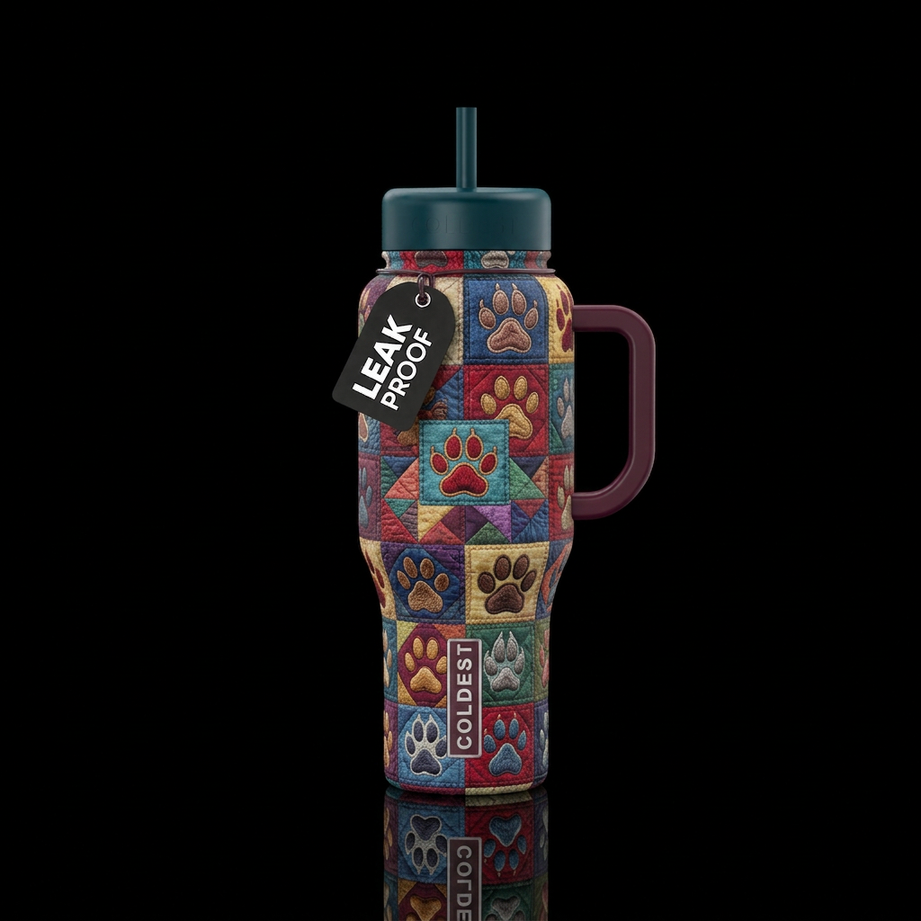Embroidered paws various animals in a quilt patter... water bottle design