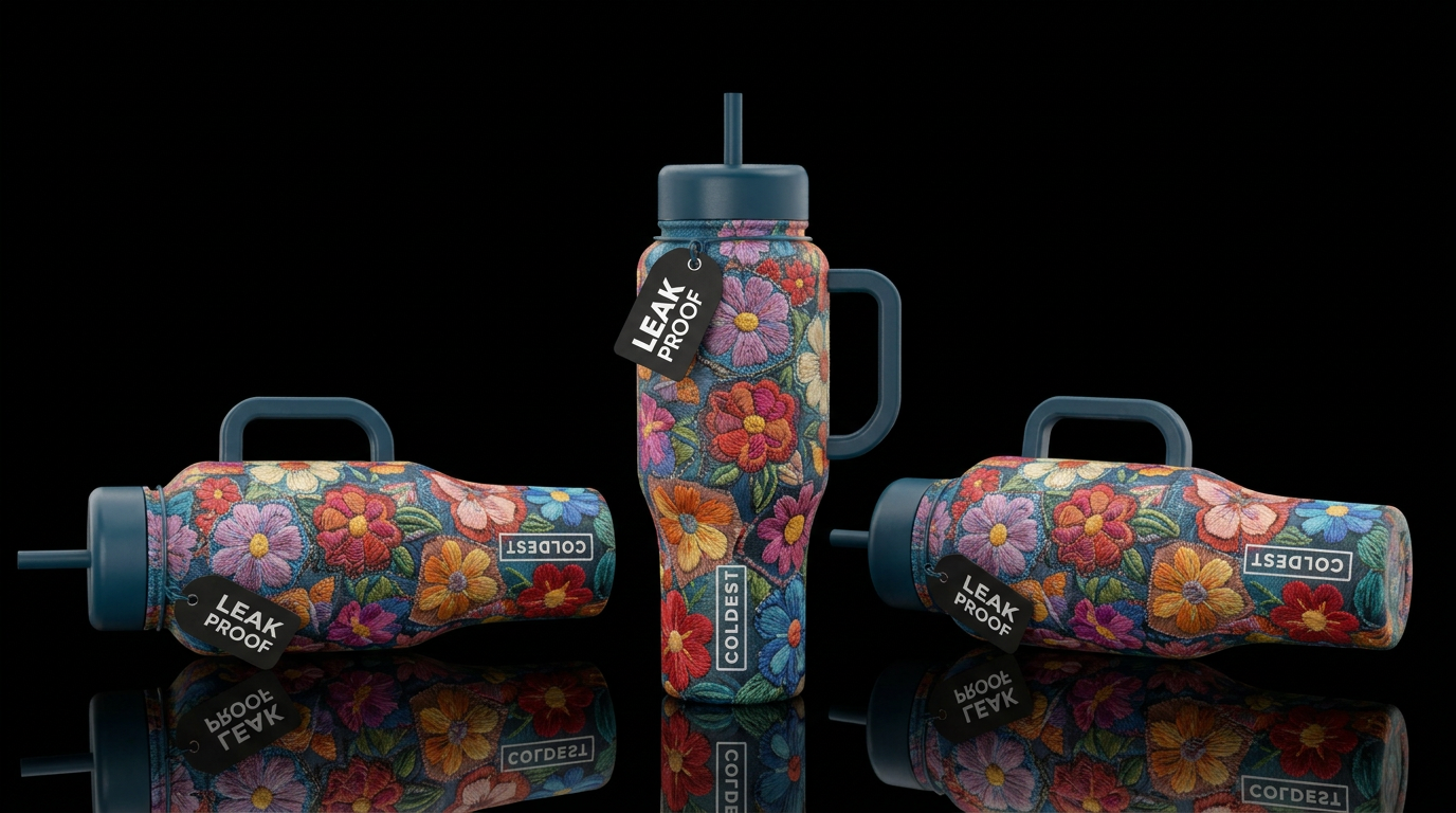 Embroidered flowers in a quilt pattern water bottle design