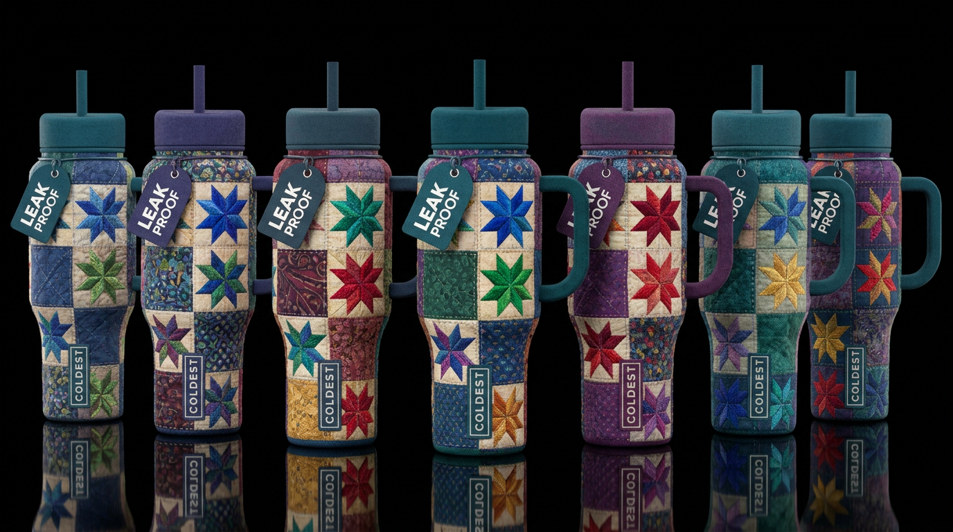 Embroidered stars in a quilt pattern water bottle design