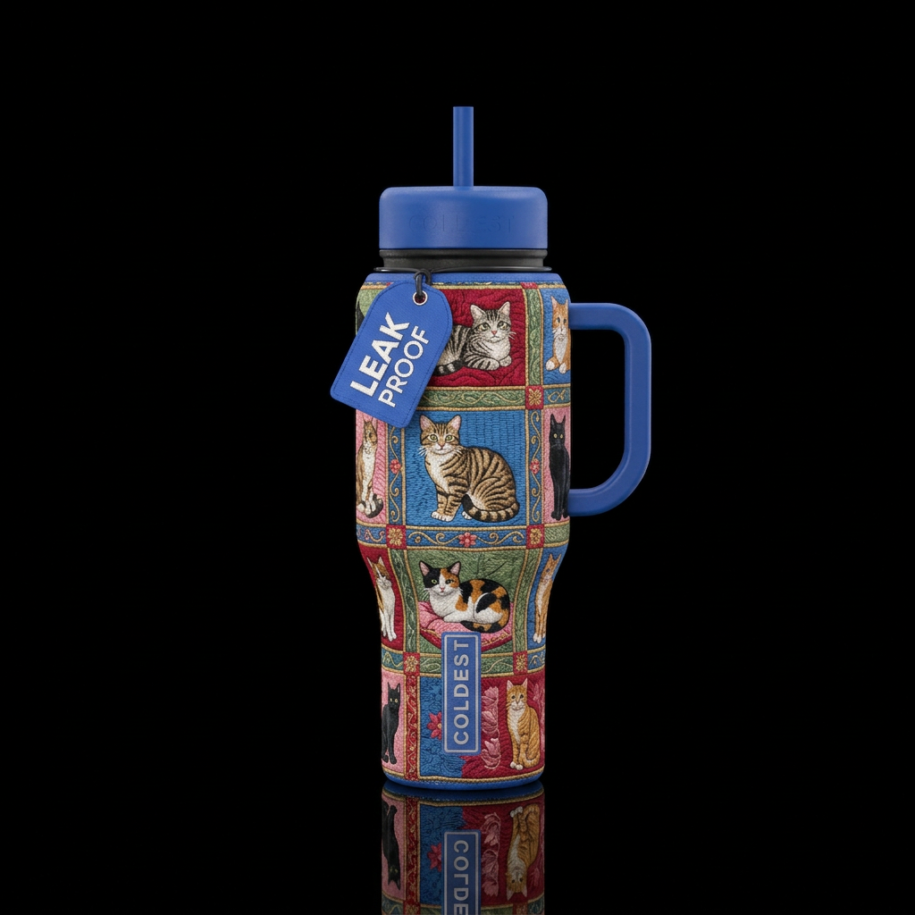 Embroidered cats in a quilt pattern water bottle design