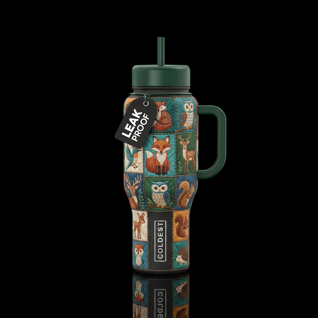 Embroidered woodland creatures in a quilt pattern water bottle design