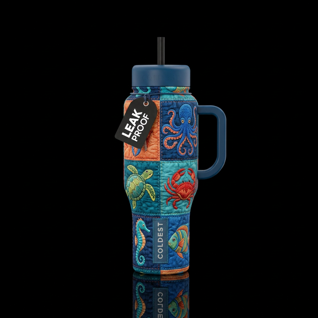 Embroidered sea creatures in a quilt pattern water bottle design