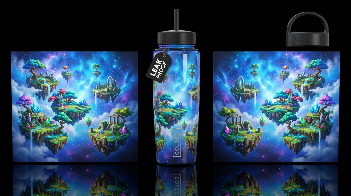 Floating Islands: A realm of floating landmasses s... water bottle design
