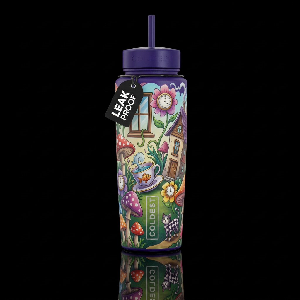 Wonderland: A surreal landscape filled with whimsi... water bottle design