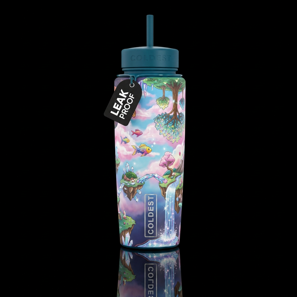 A surreal landscape filled with whimsical and absu... water bottle design