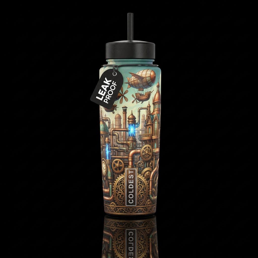 Steampunk City: A technologically advanced city wi... water bottle design