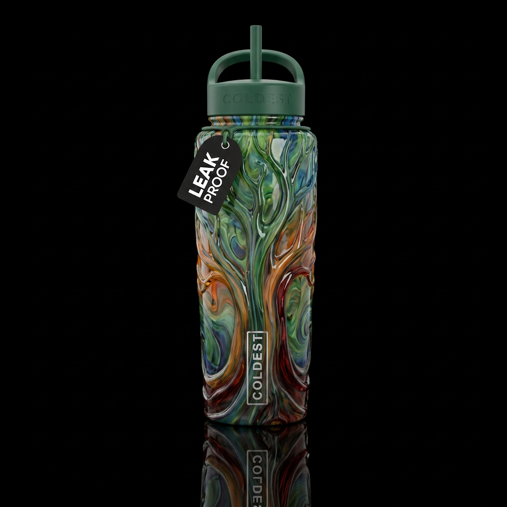Melted art glass trees water bottle design