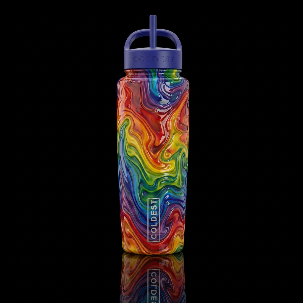 Melted art glass rainbow water bottle design