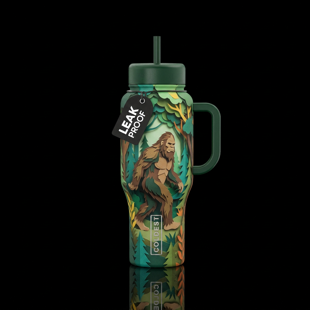 paper craft big foot walking through the forest water bottle design