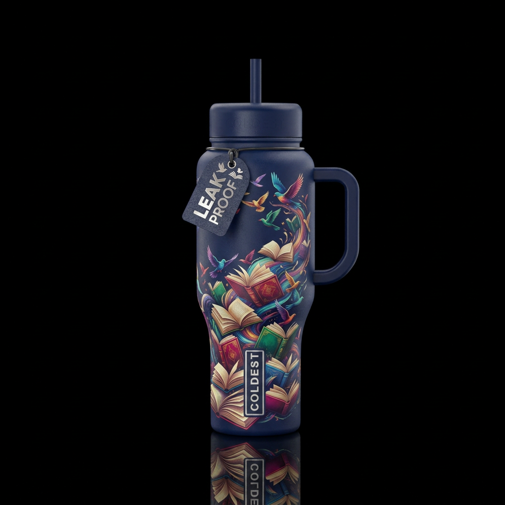 story books flying off into the beyond like birds water bottle design