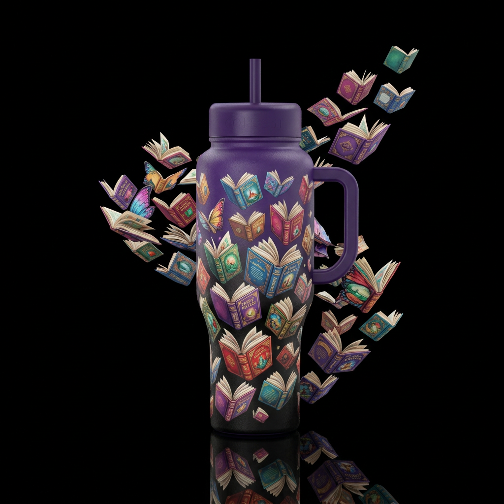 fairy tale books flying off into the beyond like b... water bottle design