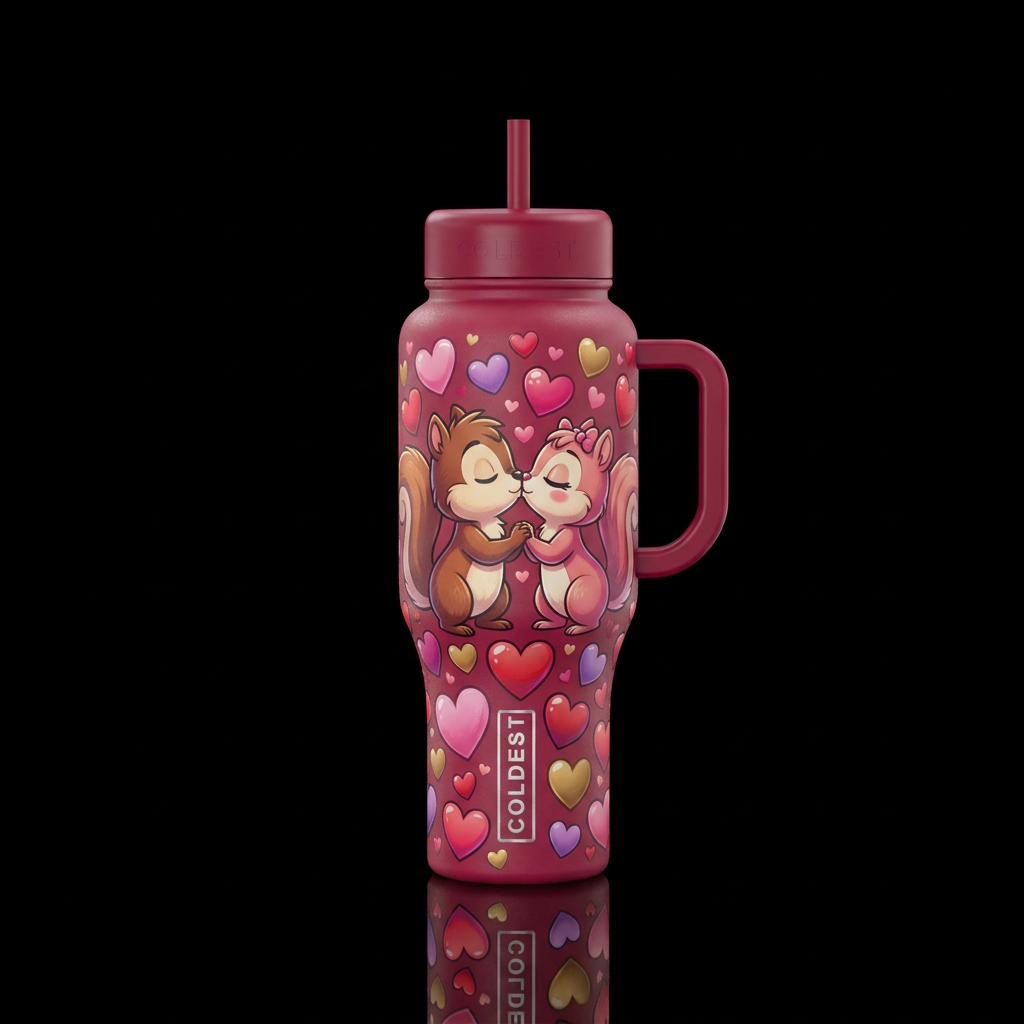 Squirrel boy and girl kissing surrounded by hearts... water bottle design