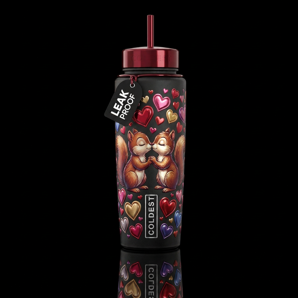 Squirrel boy and girl kissing surrounded by hearts... water bottle design
