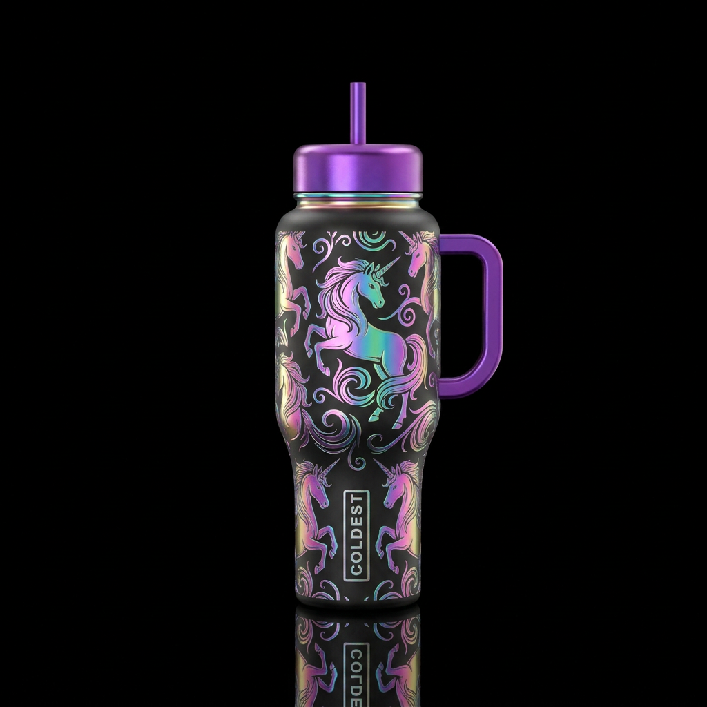 Iridescent unicorns metalic etched water bottle design