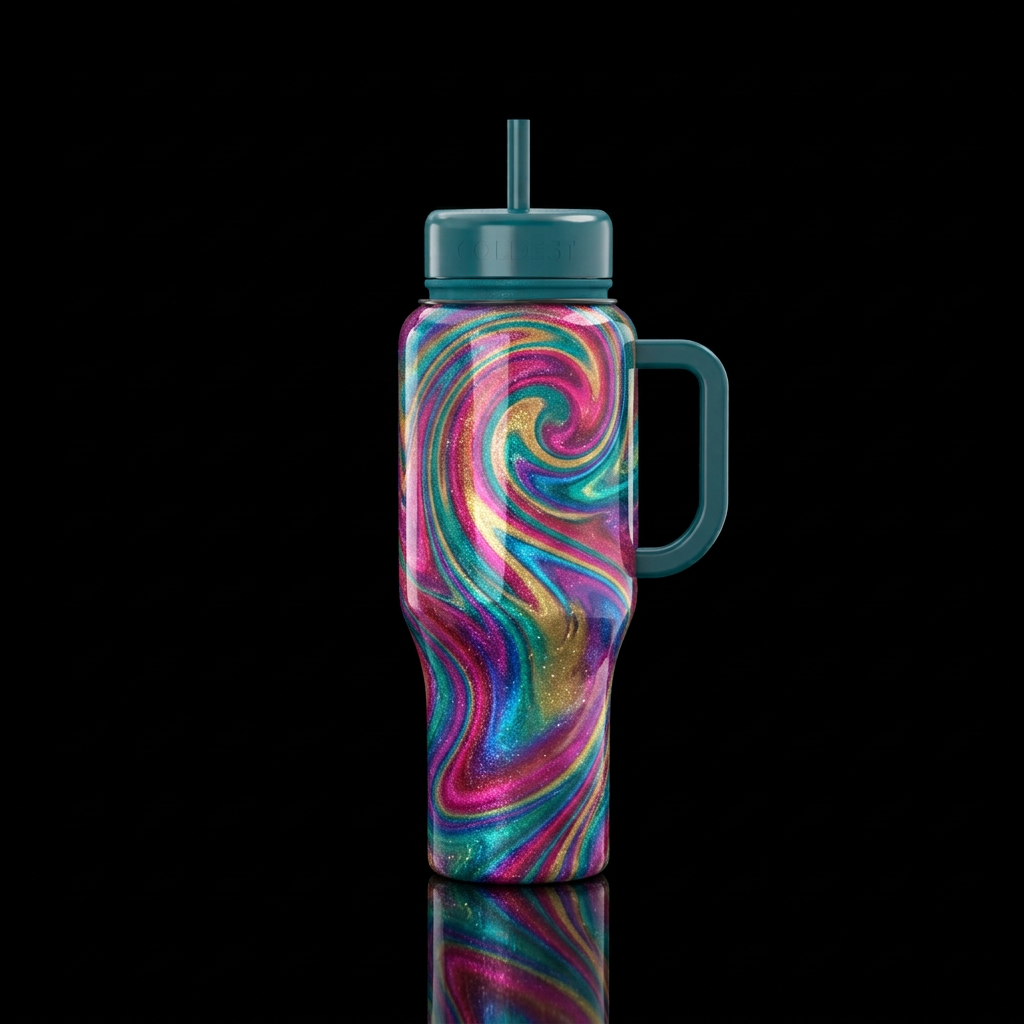 1980s vibe swirl with shimmer glossy water bottle design
