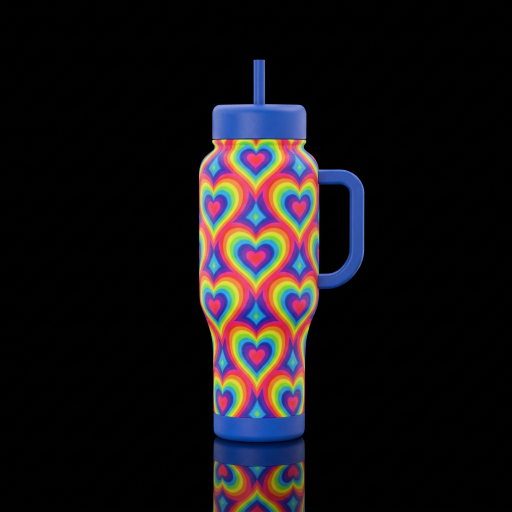 1980s rainbow hearts water bottle design