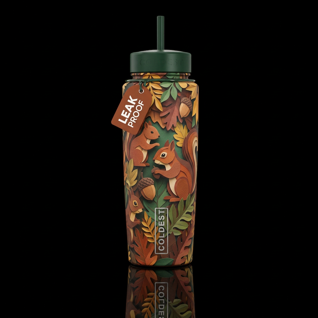Paper craft squirrels acorns leaves water bottle design