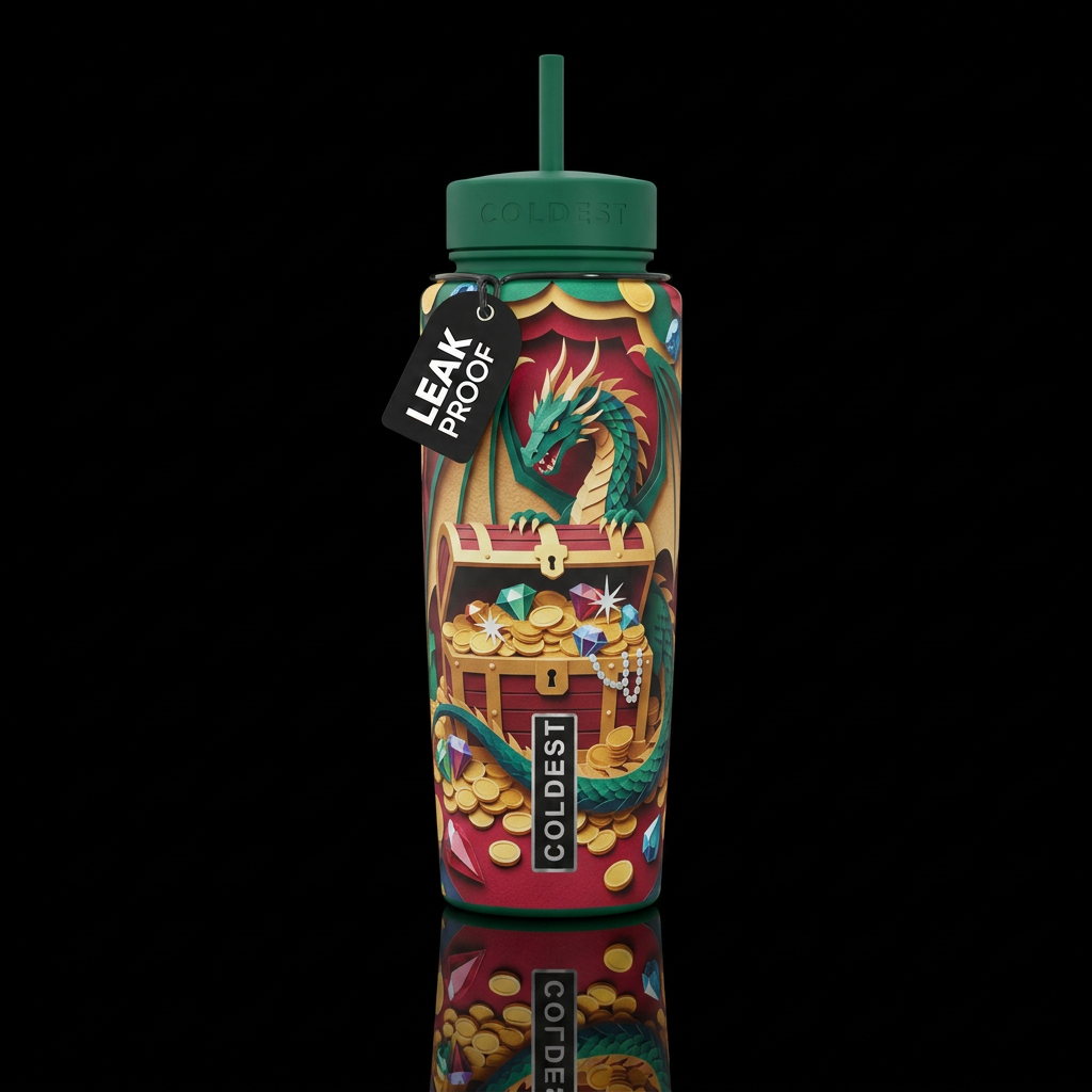 Paper craft dragon treasure chest jewels and coins water bottle design