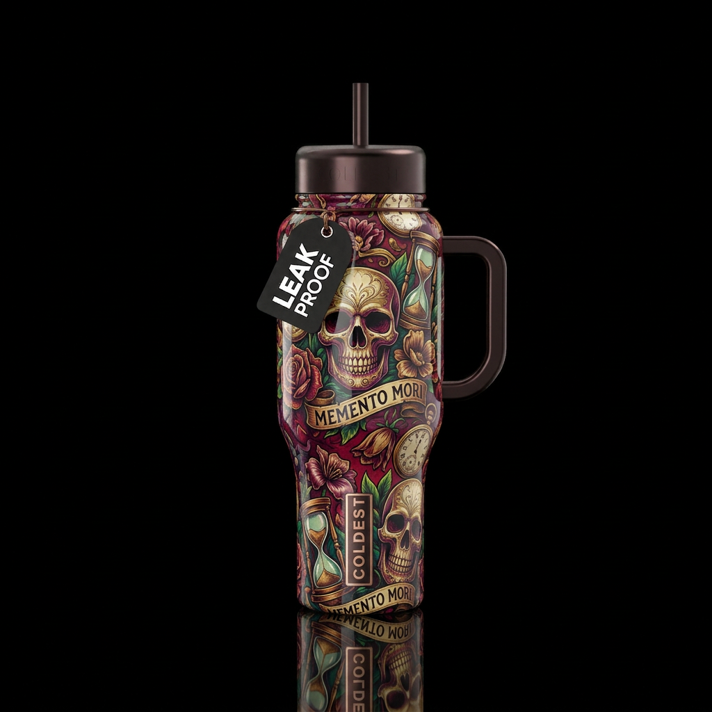 Momento mori glossy water bottle design