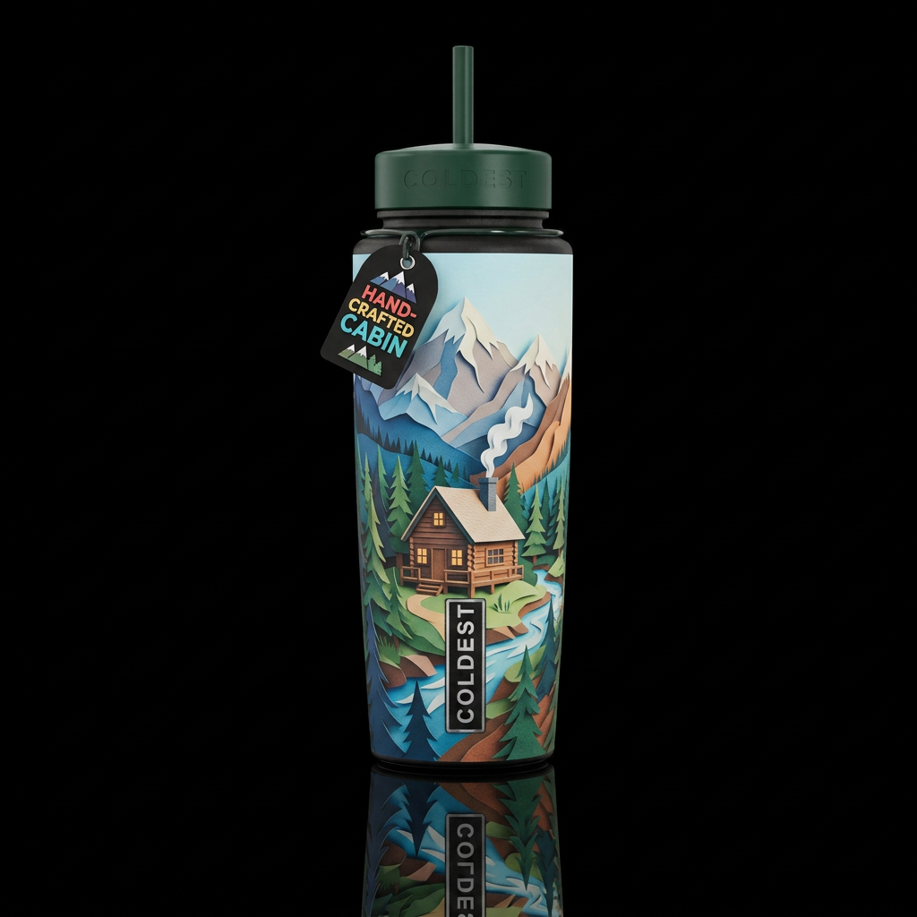 Paper craft cabin in the mountains water bottle design