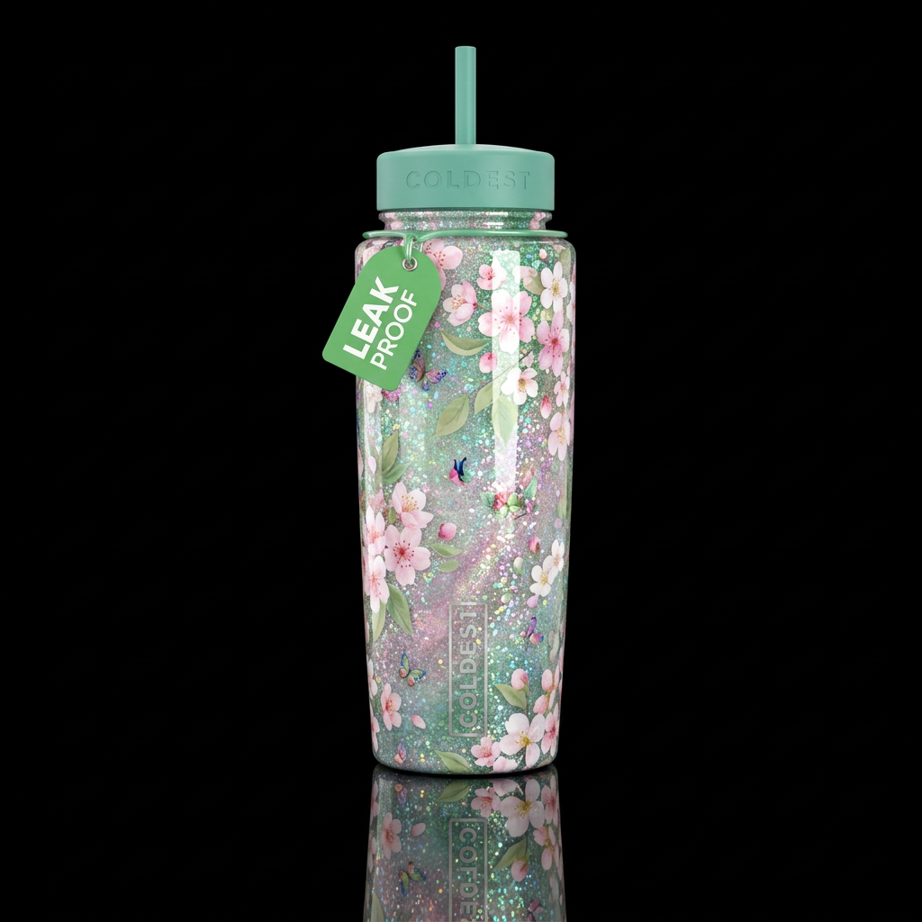 Essence of spring sparkly glossy water bottle design