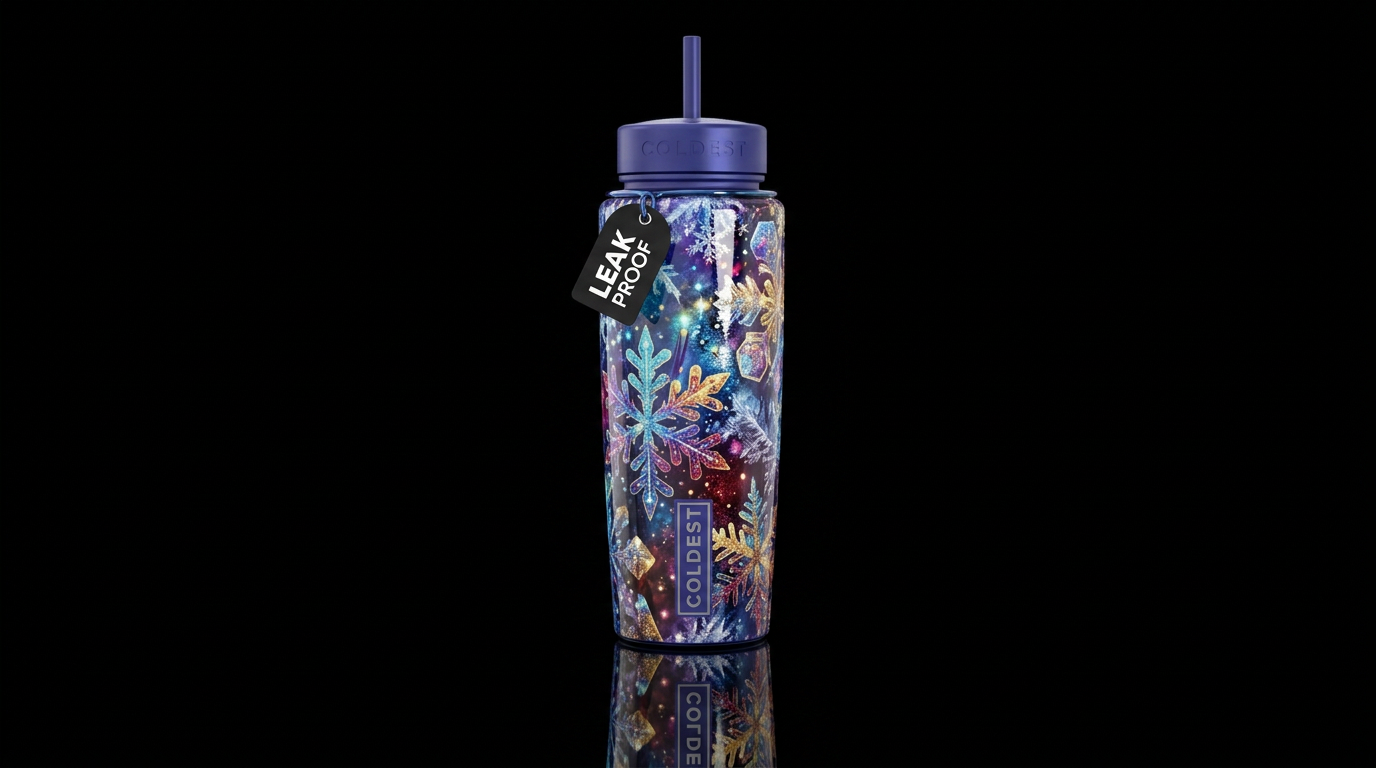 Abstract representation of winter sparkle glossy water bottle design