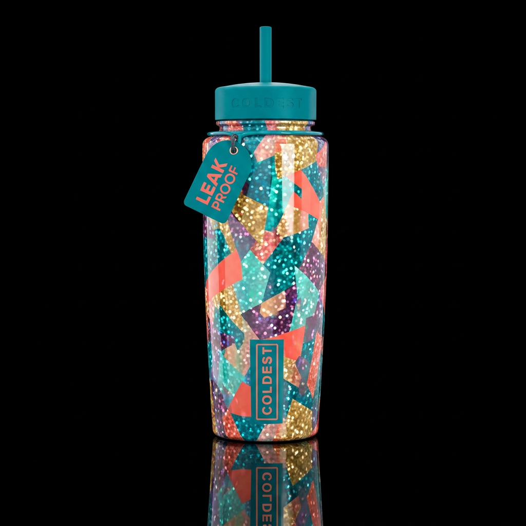 Abstract representation of summer sparkle glossy water bottle design