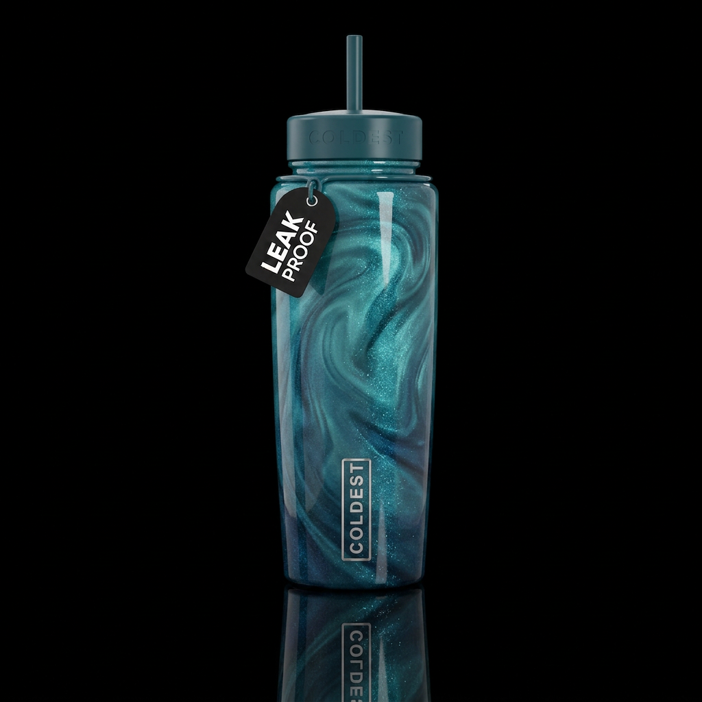 Dark teal ombre shimmer swirl glossy water bottle design