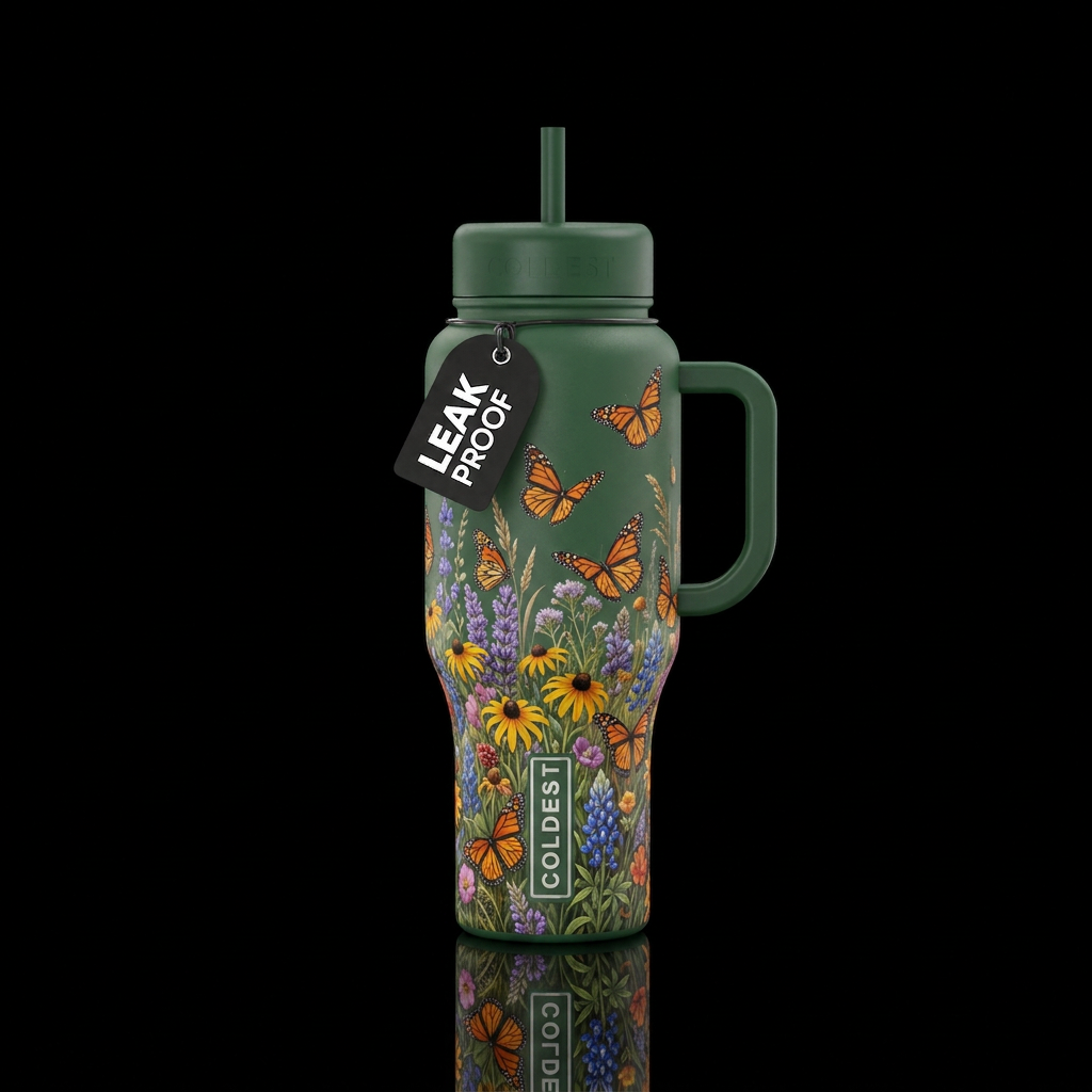 Monarch migration in wild flower field water bottle design