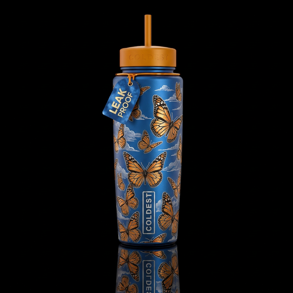 Blue sky Metalic etched monarch migration colorful water bottle design