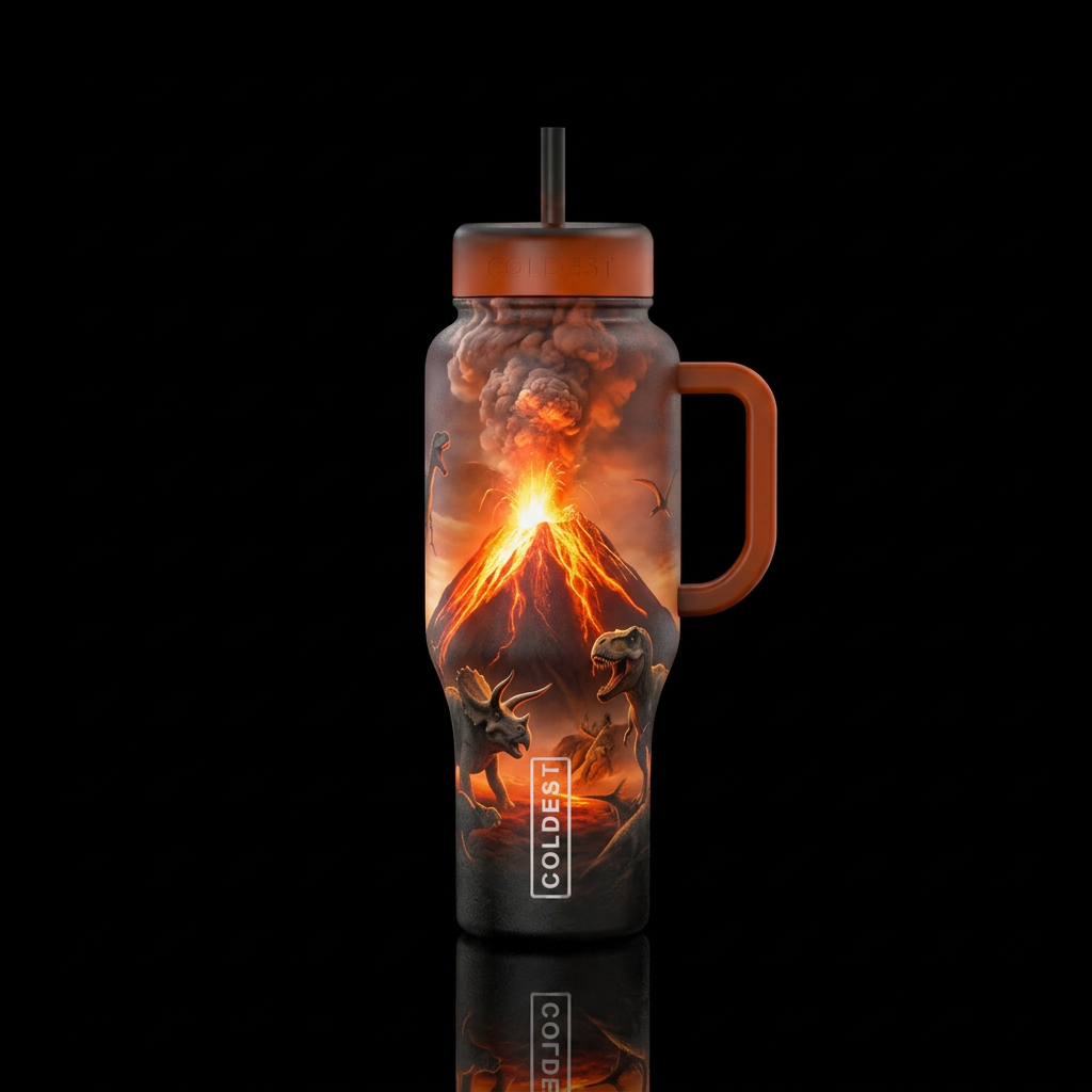 Glowie orange erupting volcano with realistic look... water bottle design