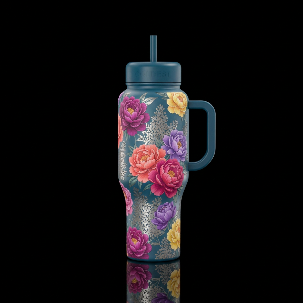 Metalic etched lilacs in the background with matte... water bottle design