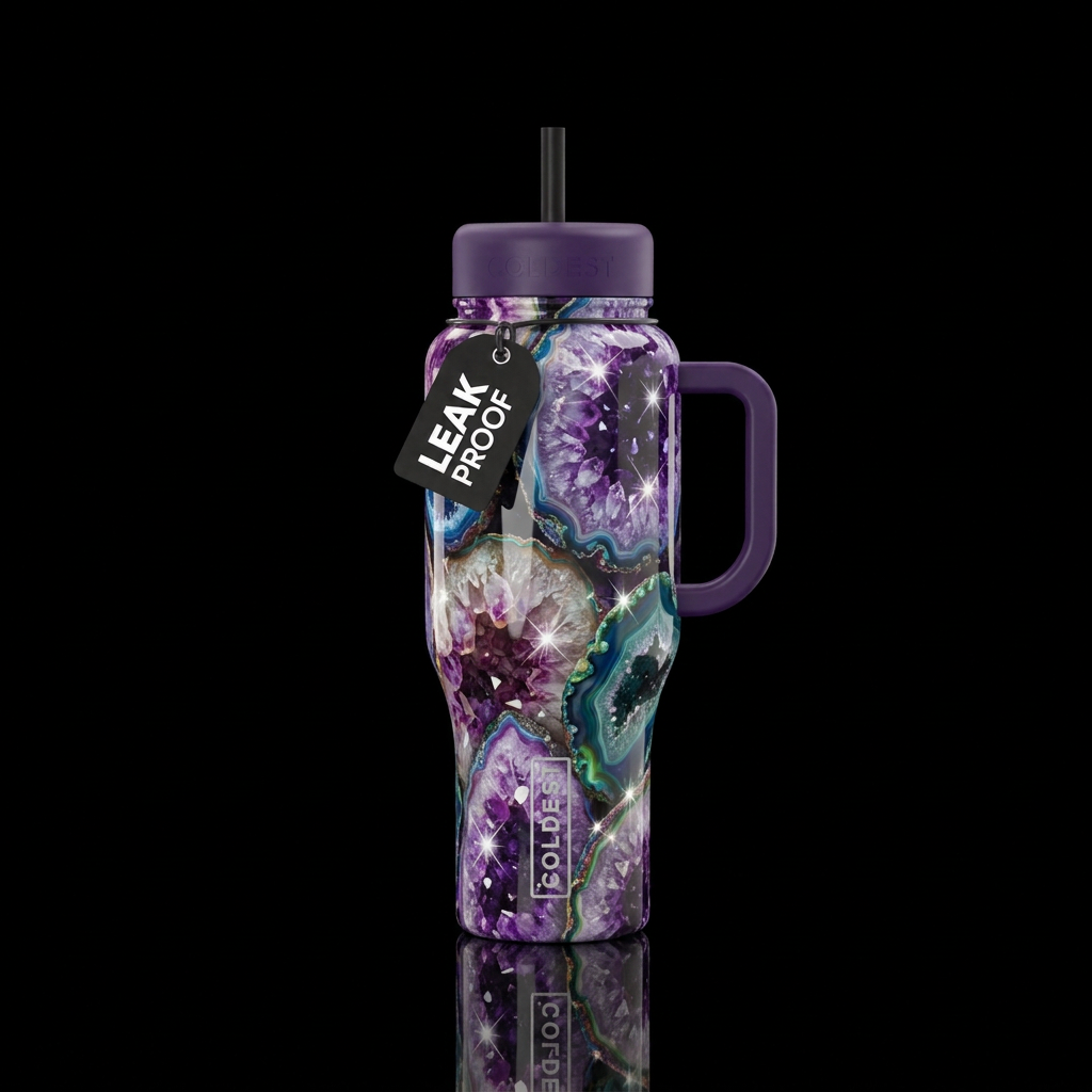 Geodes with sparkly highlights glossy water bottle design